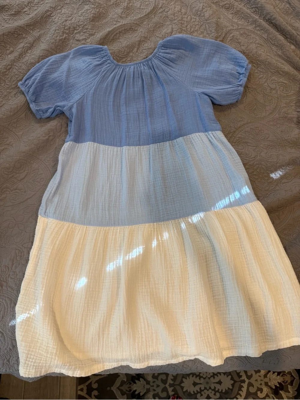 Blue and Cream Tiered Cotton Dress for Girls